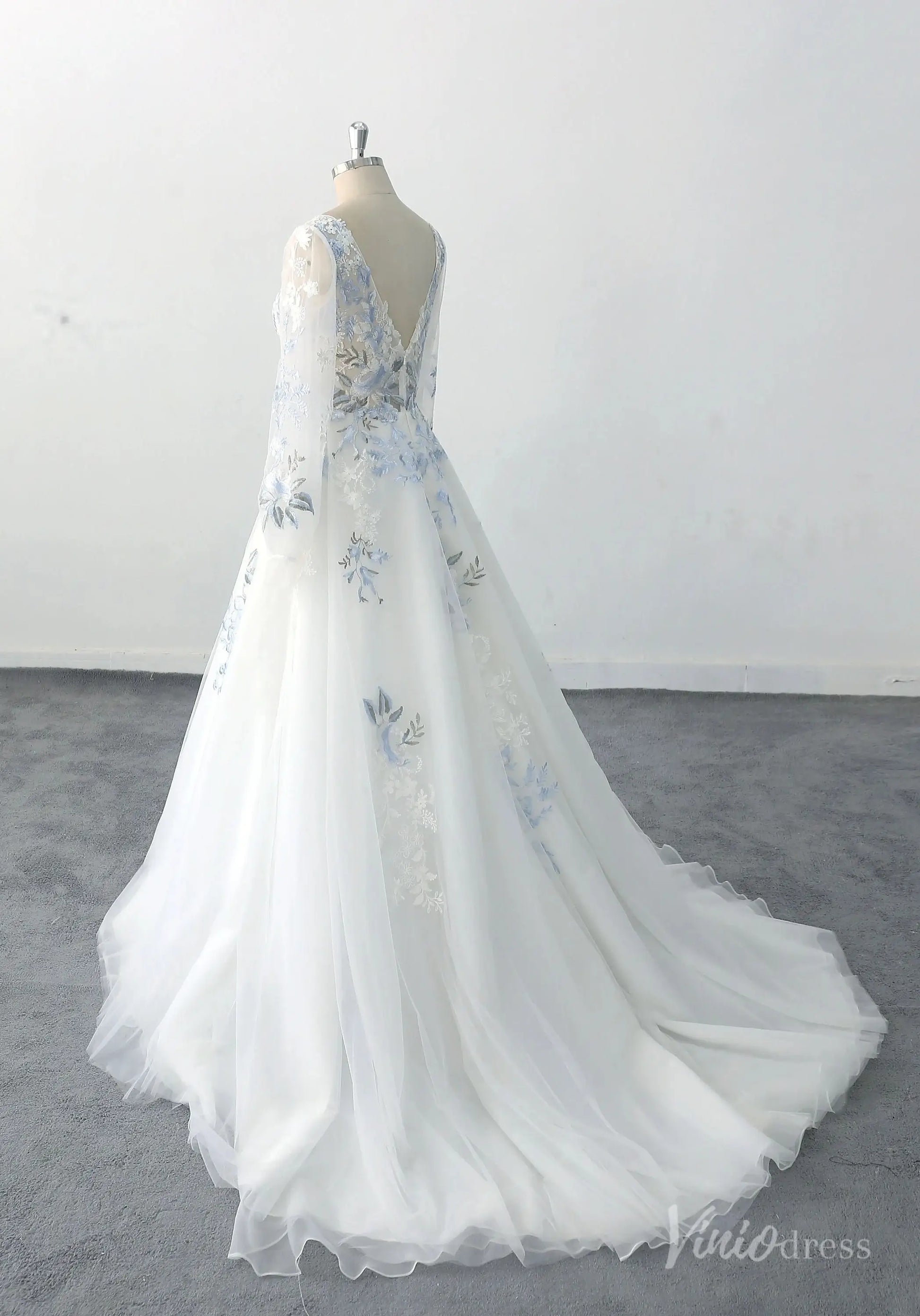 Elegant Ivory Blue Floral Wedding Dress with Long Sleeves and Sheer Overlay – FW226 – Viniodress