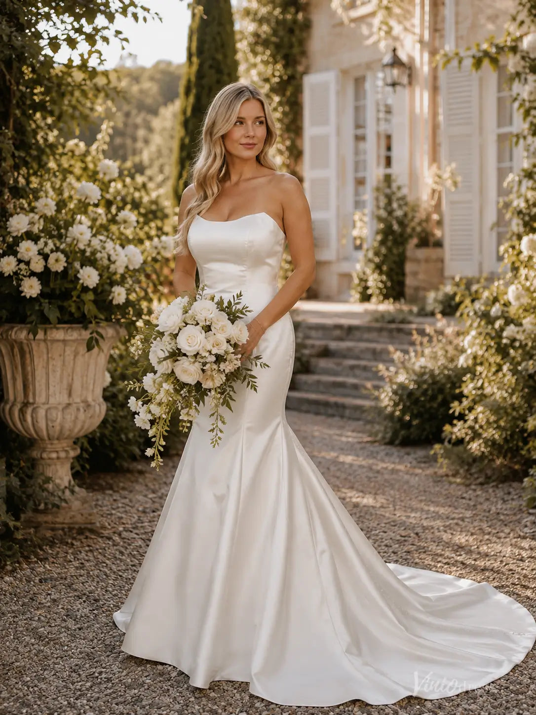 MN175 strapless satin mermaid wedding dress with a fitted bodice and elegant train, held by a bride with a white floral bouquet.