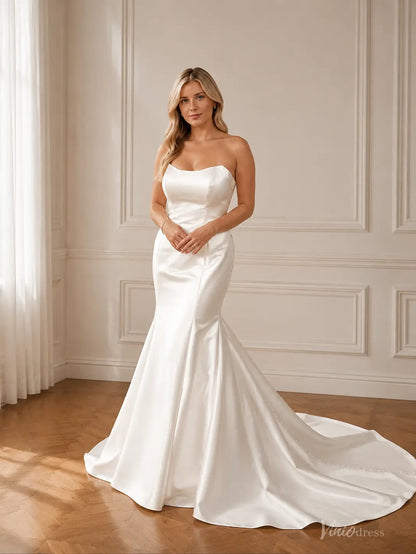 MN175 strapless ivory satin mermaid wedding dress with a fitted bodice and a sweeping floor-length train.