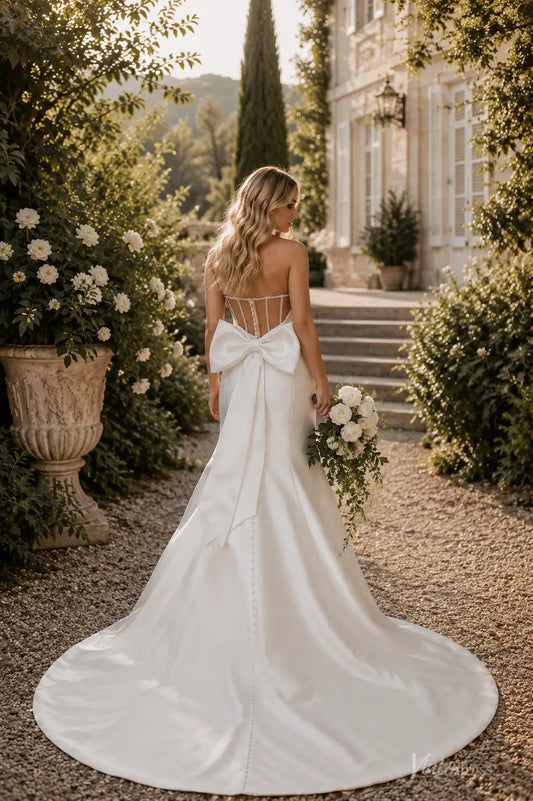 MN175 strapless white satin wedding dress with a sheer corset bodice, large back bow, and a long train in a garden.