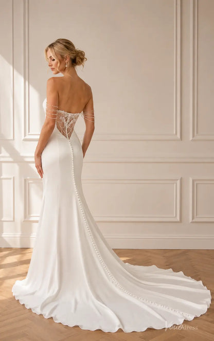 MN178 white satin mermaid wedding dress with an illusion lace back, pearl-draped sleeves, and a long button-down train.