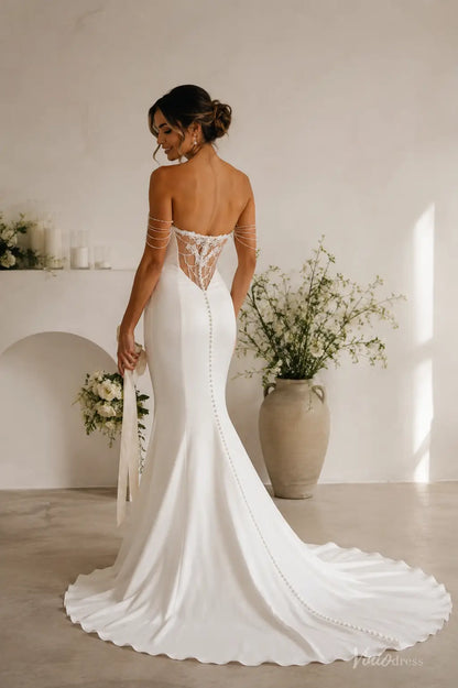 MN178 white mermaid wedding dress with lace illusion back, pearl shoulder drapes, and a long button-down train.