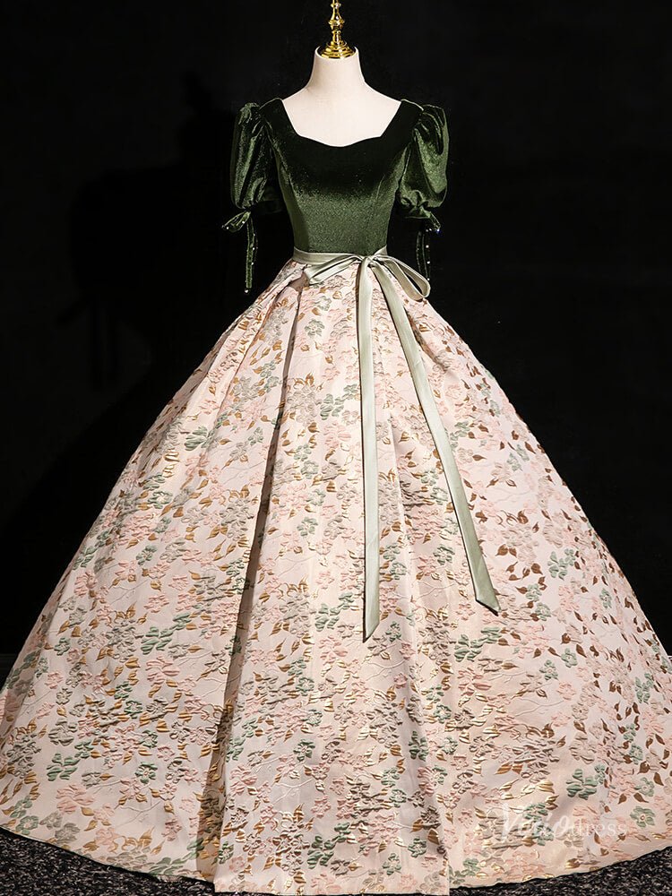 Elegant Jacquard Satin Prom Ball Gown Puffed Sleeve Velvet Quinceanera Dresses BG001-prom dresses 2025 -Viniodress-Green-Custom Size-