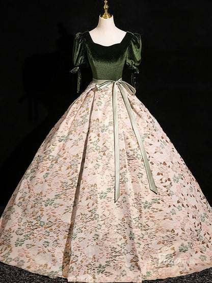 Elegant Jacquard Satin Prom Ball Gown Puffed Sleeve Velvet Quinceanera Dresses BG001-prom dresses 2025 -Viniodress-Green-Custom Size-
