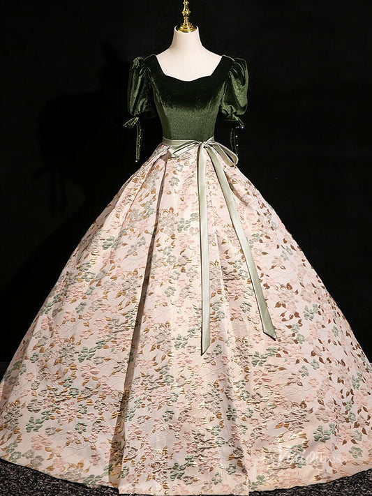 Elegant Jacquard Satin Prom Ball Gown Puffed Sleeve Velvet Quinceanera Dresses BG001-prom dresses 2025 -Viniodress-Green-Custom Size-
