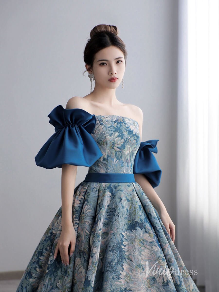 Elegant Jacquard Satin Prom Dresses Strapless Formal Gown AD1117-prom dresses 2025 -Viniodress-Blue-Custom Size-