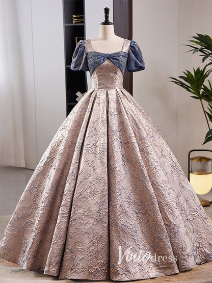 Elegant Jacquard Satin Prom Dresses with Puffed Sleeve FD3519-prom dresses 2025 -Viniodress-As Picture-Custom Size-