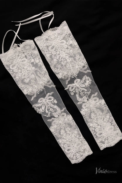 Elegant Lace Bridal Gloves with Pearl Floral Embroidery – Long Sleeves WG182-Bridal Gloves 2026-Viniodress-Ivory-With Pearls-