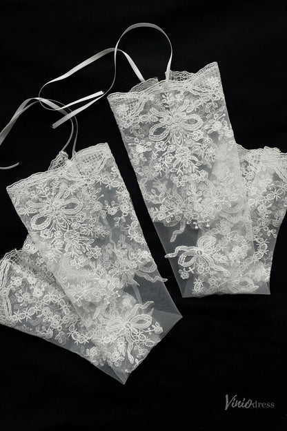 Elegant Lace Bridal Gloves with Pearl Floral Embroidery – Long Sleeves WG182-Bridal Gloves 2026-Viniodress-Ivory-With Pearls-