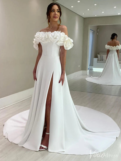 Elegant Off-Shoulder Wedding Dress with Floral Appliques & High Slit - IS013-wedding dresses 2025 -Viniodress-White-Custom Size-