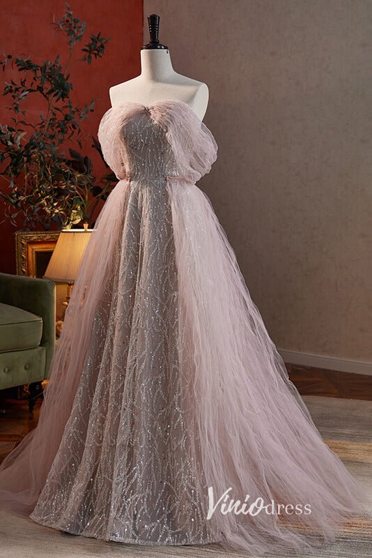 Elegant Pink Beaded Prom Dresses with Pleated Overskirt AD1010-prom dresses 2025 -Viniodress-Pink-Custom Size-