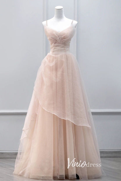 Elegant Pink Pleated Tulle Prom Dresses with Spaghetti Strap FD3525-prom dresses 2025 -Viniodress-Pink-Custom Size-