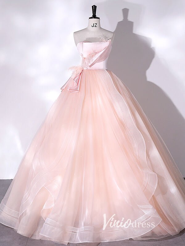 Elegant Pink Strapless Prom Dresses with Feathers FD3524-prom dresses 2025 -Viniodress-Pink-Custom Size-