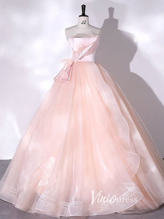 Elegant Pink Strapless Prom Dresses with Feathers FD3524-prom dresses 2025 -Viniodress-Pink-Custom Size-