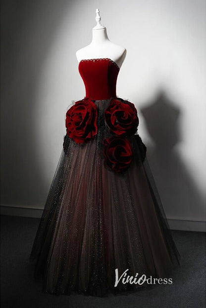 Elegant Rosette Prom Dresses Strapless Formal Gown AD1021-prom dresses 2025 -Viniodress-Burgundy-Custom Size-
