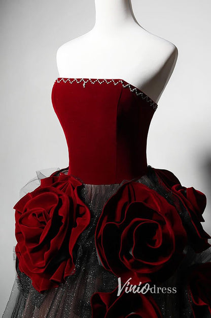 Elegant Rosette Prom Dresses Strapless Formal Gown AD1021-prom dresses 2025 -Viniodress-Burgundy-Custom Size-