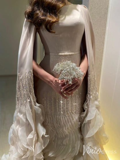 Elegant Ruffled Cape Sleeve Wedding Dresses Beaded Evening Dress 20215-Evening Dresses 2025 -Viniodress-Pink-US 2-