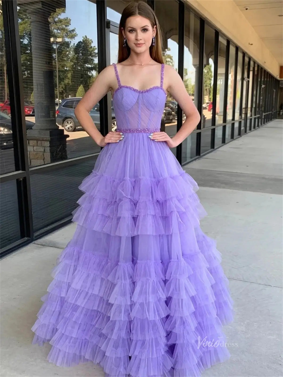 Elegant Ruffled Tulle Prom Dresses with Spaghetti Strap & Sheer Boned – Viniodress
