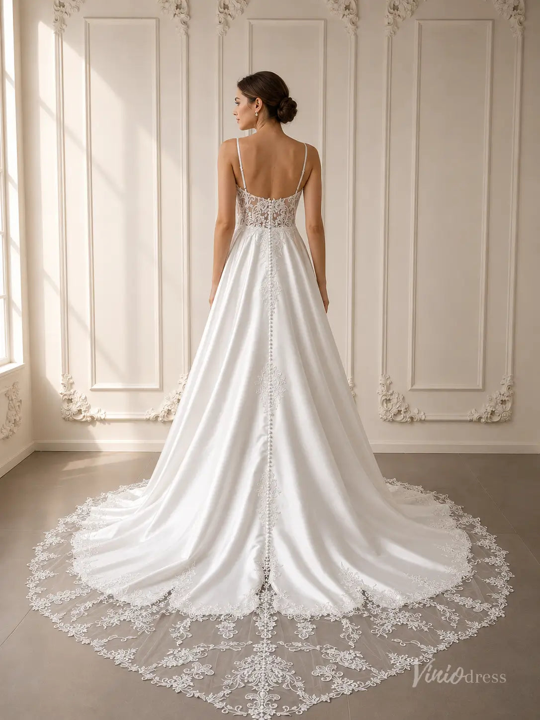 Satin A-line wedding dress with lace back and cathedral train