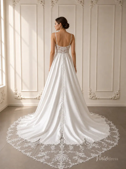 Satin A-line wedding dress with lace back and cathedral train