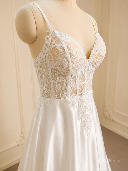 White satin wedding dress with a sheer lace appliqué bodice and sweetheart neckline.