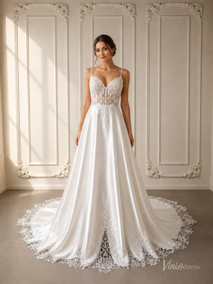 White satin A-line wedding dress with a lace bodice and lace-edged train.