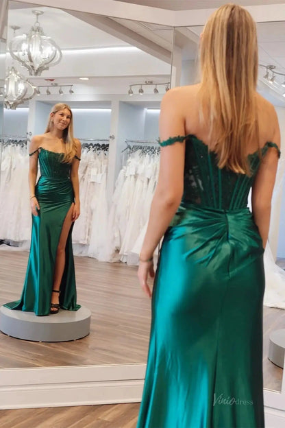 Elegant Satin Mermaid Prom Dress 2025 with Slit & Lace Boned Bodice – FD5043-prom dresses 2025 -Viniodress-Blue-Custom Size-