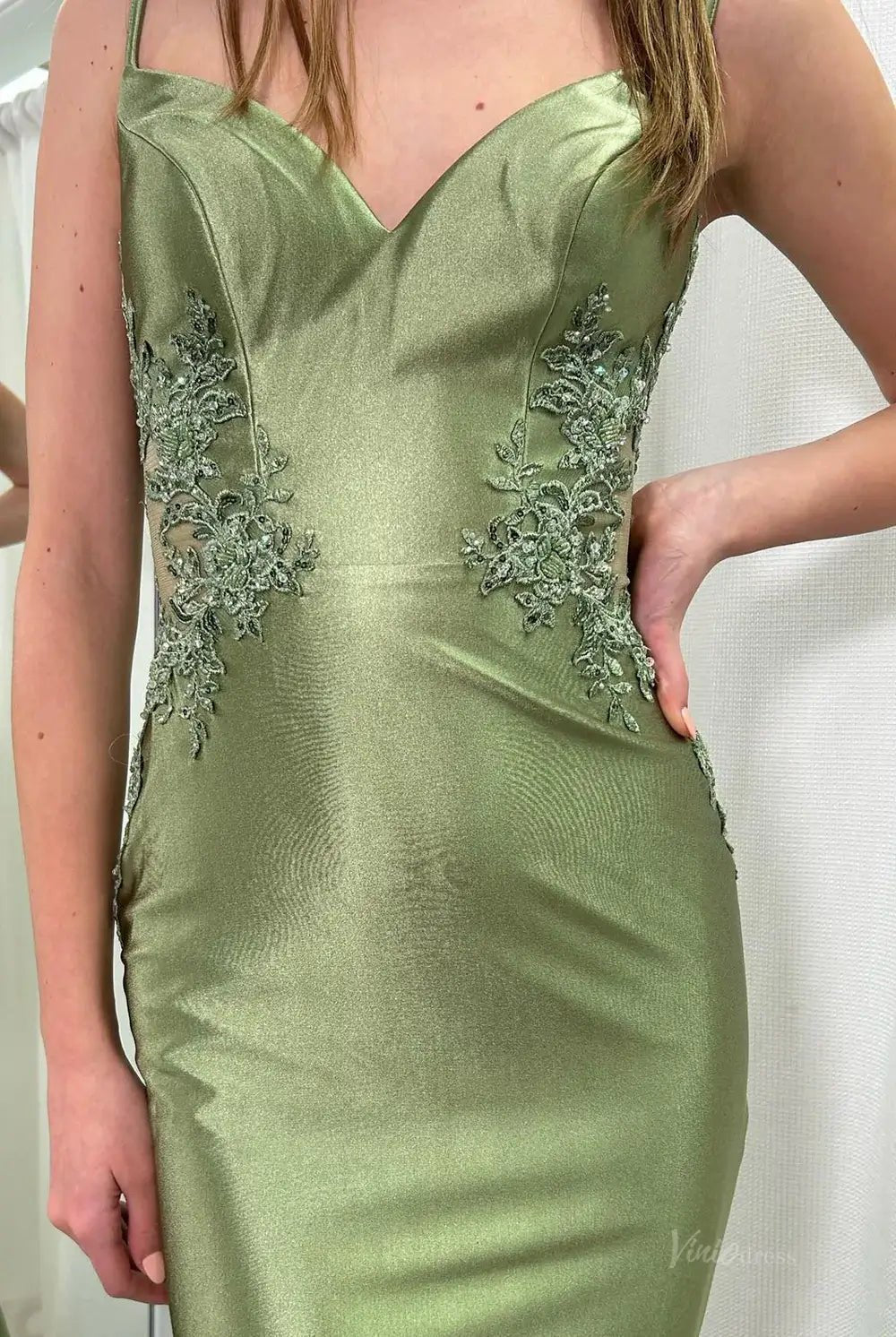 Elegant Satin Mermaid Prom Dresses 2025 with V-Neck, Lace Applique & Spaghetti Strap – FD5061-prom dresses 2025 -Viniodress-Custom Colors-Custom Size-