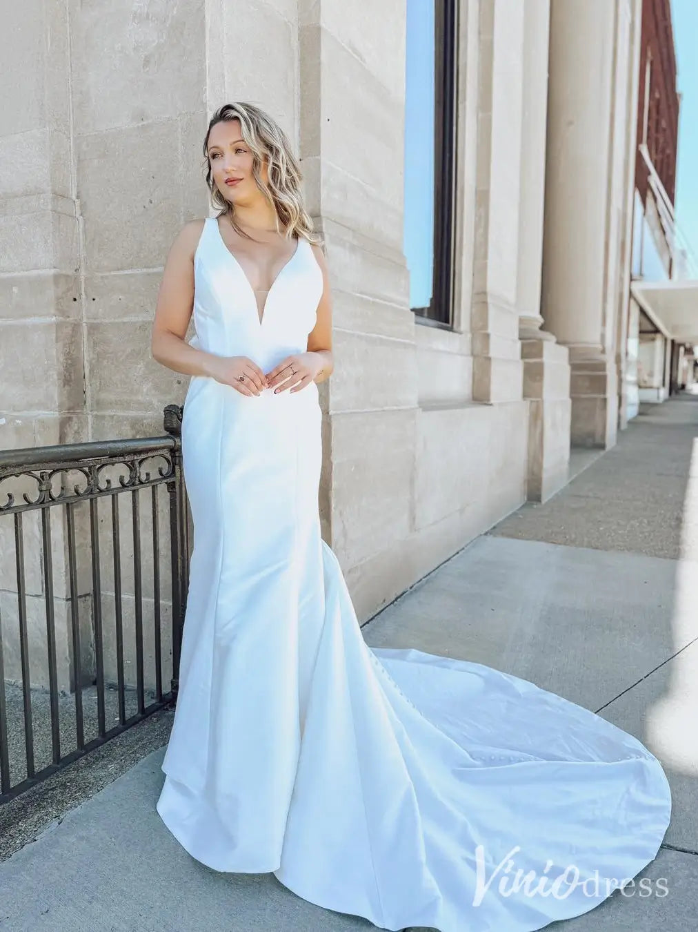 plunge mermaid satin wedding dress with buttons Textured Satin A-Line Wedding Dress with Deep V-Neckline