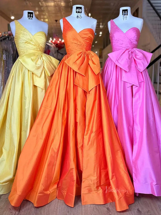 Elegant Satin One Shoulder Prom Dresses with Bow & Pockets - FD5139-prom dresses 2025 -Viniodress-Custom Colors-Custom Size-