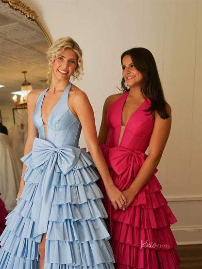 Elegant Satin Ruffled Prom Dresses with Slit, Halter Neck & Bow - FD3740-prom dresses 2025 -Viniodress-Light Blue-Custom Size-