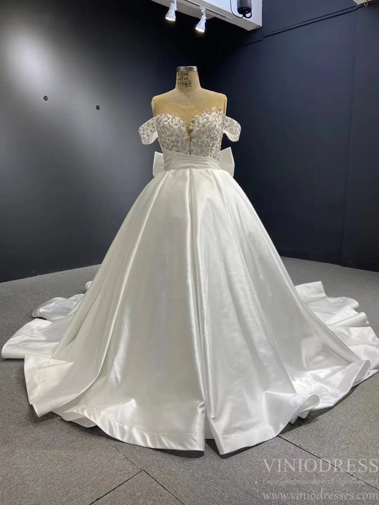 Elegant Satin Wedding Gown with Bow on Back 67412-wedding dresses 2025 -Viniodress-Ivory-Custom Size-