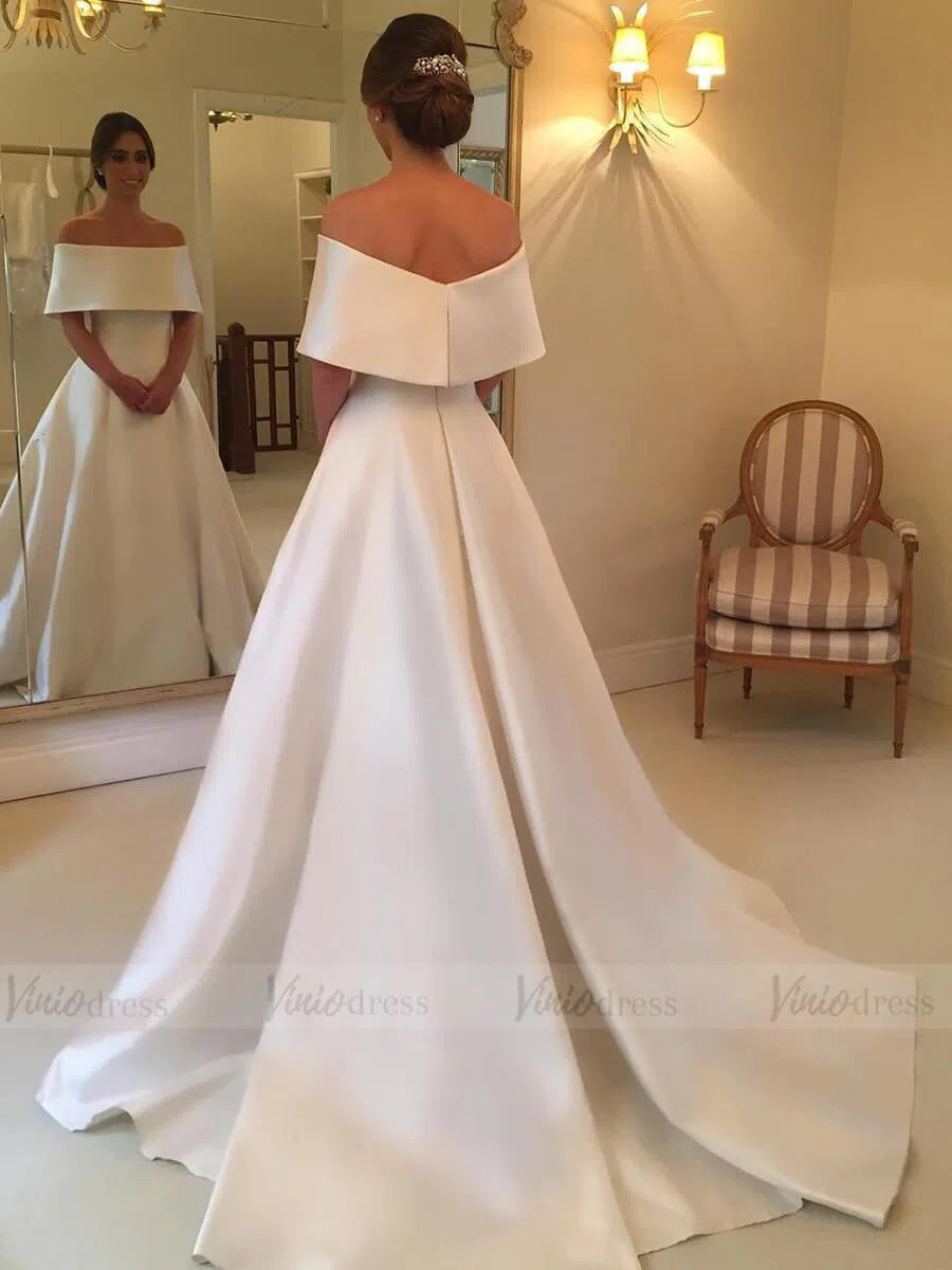 Elegant Simple Modest Wedding Dresses Off the Shoulder Bridal Gown VW1333-wedding dresses 2025 -Viniodress-Ivory-Custom Size-