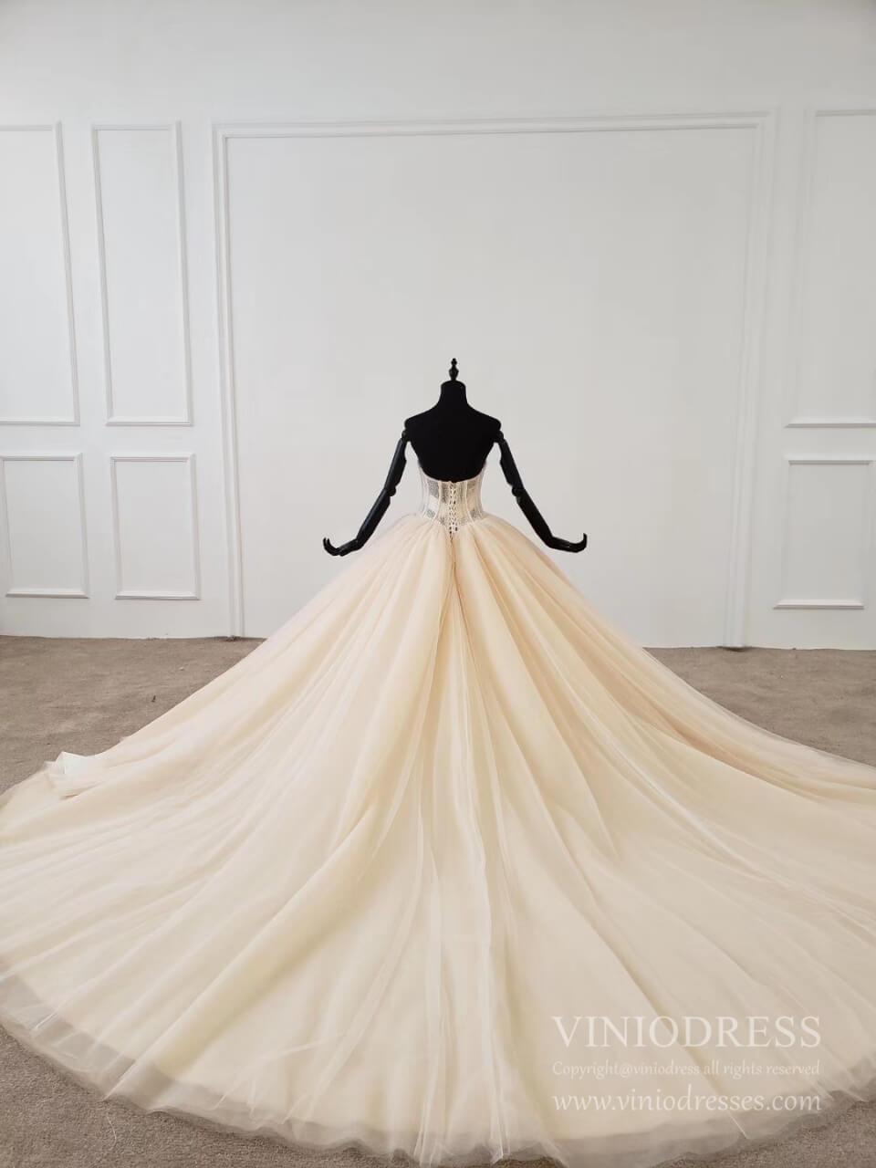 Elegant Strapless Champagne Tulle Wedding Dresses Ball Gown VW1592-wedding dresses 2025 -Viniodress-Champagne-Custom Size-