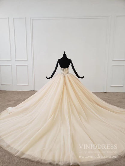 Elegant Strapless Champagne Tulle Wedding Dresses Ball Gown VW1592-wedding dresses 2025 -Viniodress-Champagne-Custom Size-