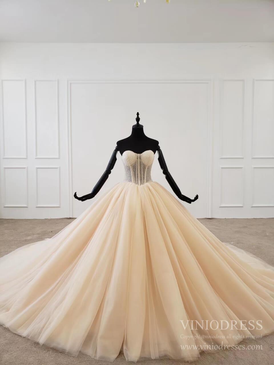 Elegant Strapless Champagne Tulle Wedding Dresses Ball Gown VW1592-wedding dresses 2025 -Viniodress-Champagne-Custom Size-