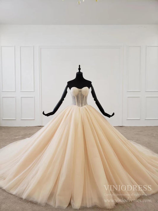 Elegant Strapless Champagne Tulle Wedding Dresses Ball Gown VW1592-wedding dresses 2025 -Viniodress-Champagne-Custom Size-