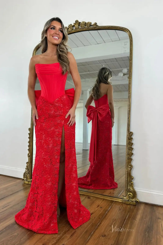 Elegant Strapless Lace Mermaid Prom Dress with Satin Corset Bodice, Oversized Bow Back & High Slit – LP047-Prom Dresses 2026-Viniodress-Red-US 0-