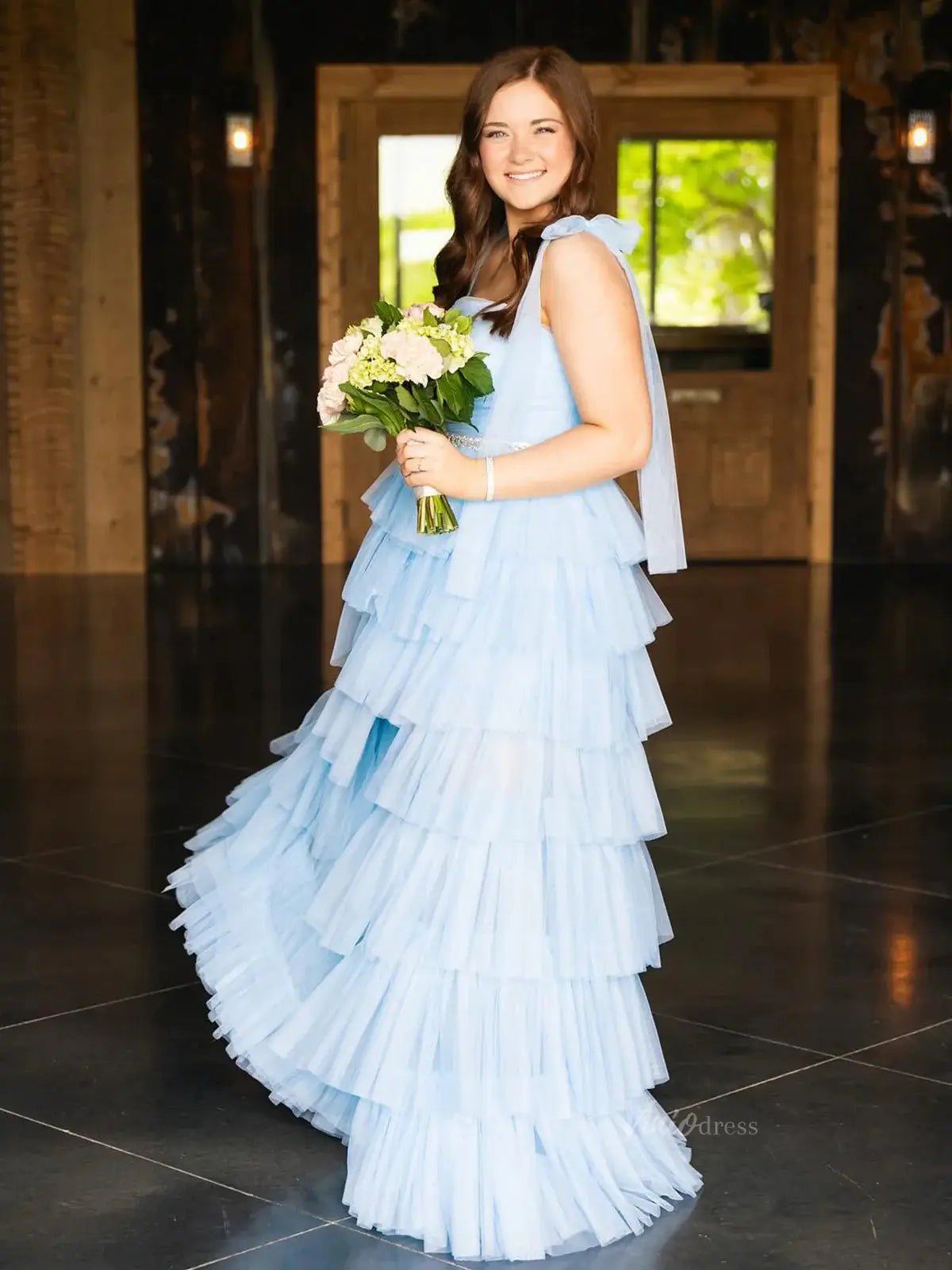 Elegant Tulle Prom Dresses with Slit, Pleated Bodice, Tiered Bottom & Bow-Tie Strap - FD3722-prom dresses 2025 -Viniodress-Blue-Custom Size-