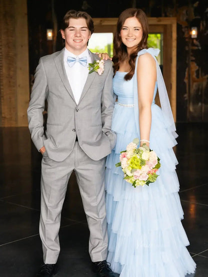 Elegant Tulle Prom Dresses with Slit, Pleated Bodice, Tiered Bottom & Bow-Tie Strap - FD3722-prom dresses 2025 -Viniodress-Blue-Custom Size-