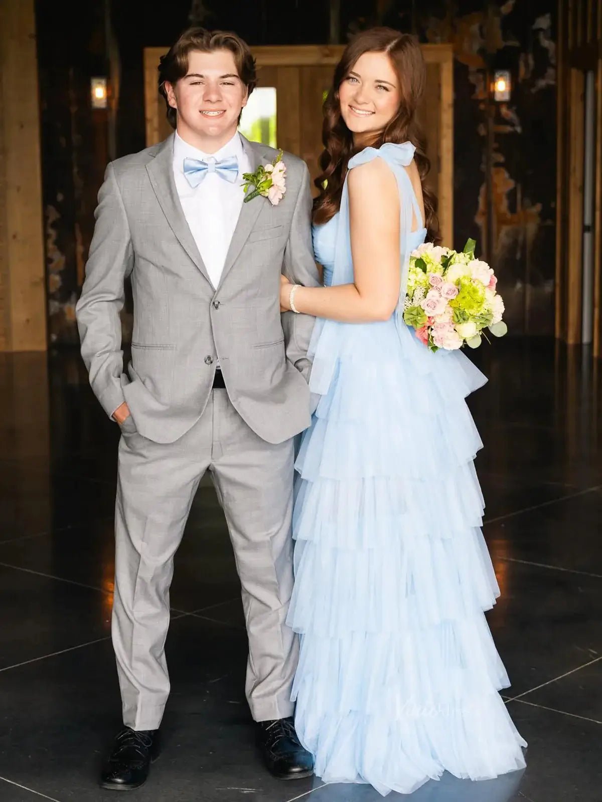 Elegant Tulle Prom Dresses with Slit, Pleated Bodice, Tiered Bottom & Bow-Tie Strap - FD3722-prom dresses 2025 -Viniodress-Blue-Custom Size-