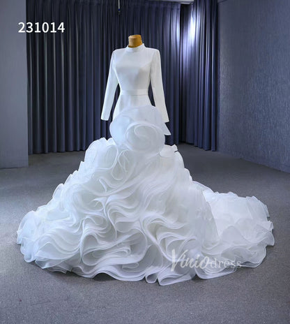 Elegant White Mermaid Ruffle Wedding Dresses with Long Sleeves 231014-wedding dresses 2025 -Viniodress-Ivory-Custom Size-