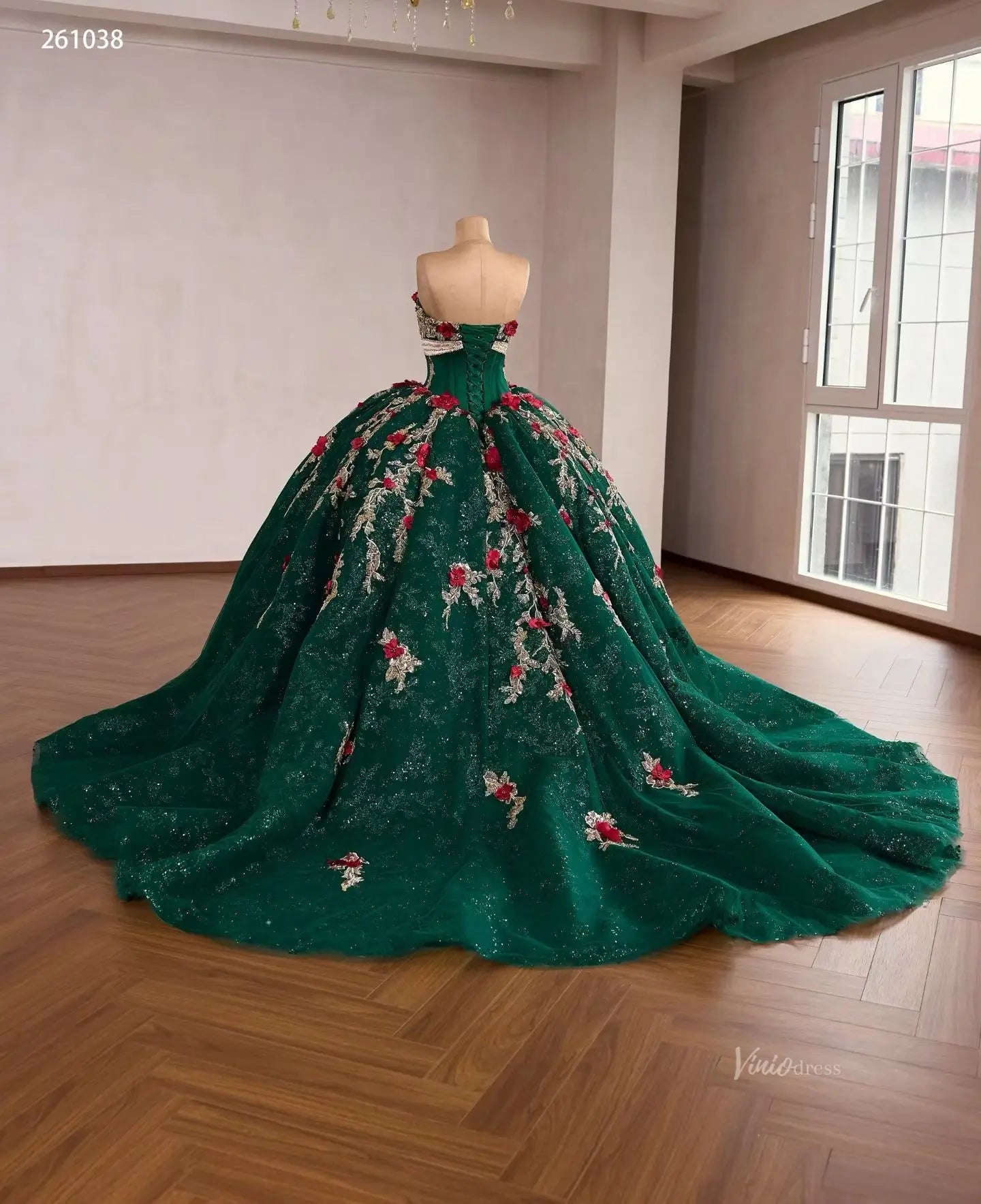 Emerald Green 3D Floral Wedding Dress Gold Applique Ball Gown – Viniodress