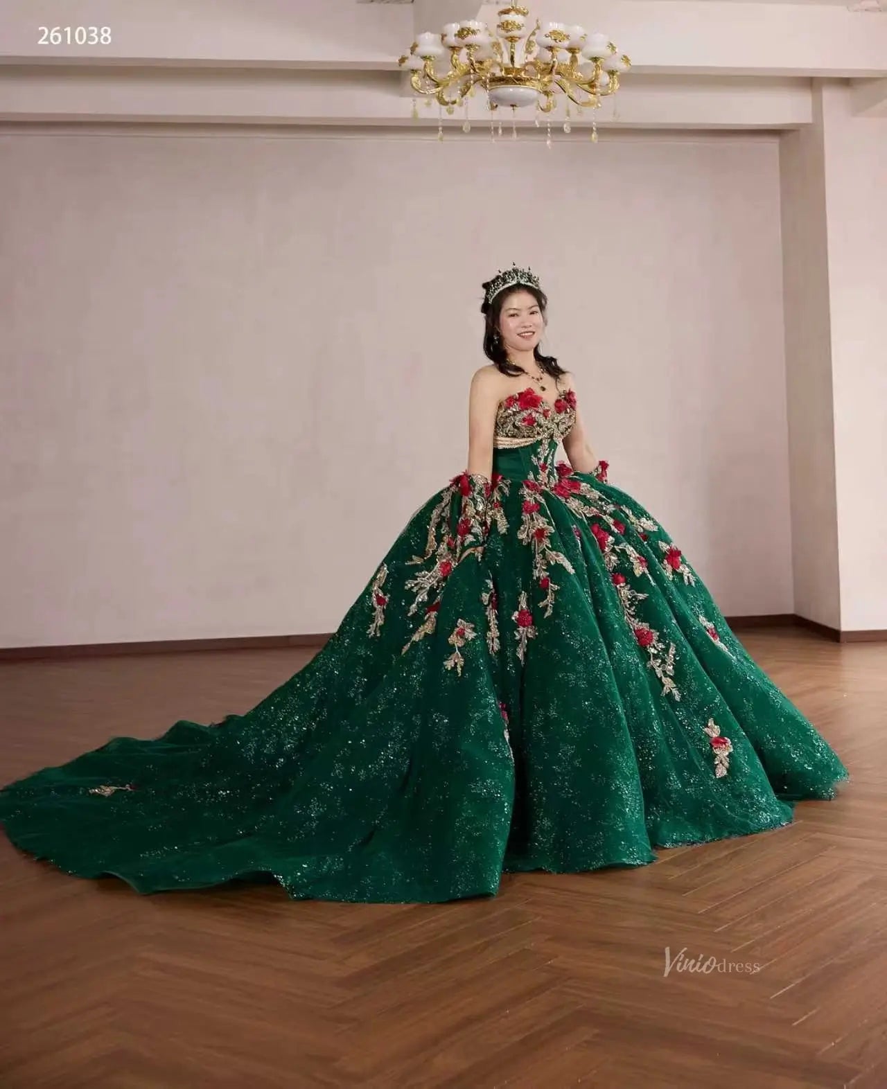 Emerald Green 3D Floral Wedding Dress Gold Applique Ball Gown – Viniodress