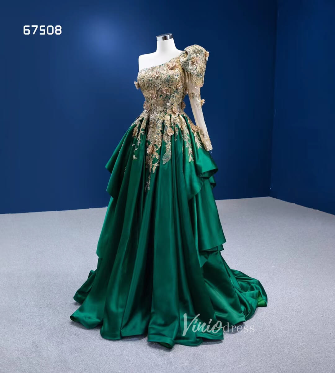 Emerald Green A-line Formal Dress One Shoulder Long Sleeve Prom Pageant Dress 67508-prom dresses 2025 -Viniodress-Green-Custom Size-