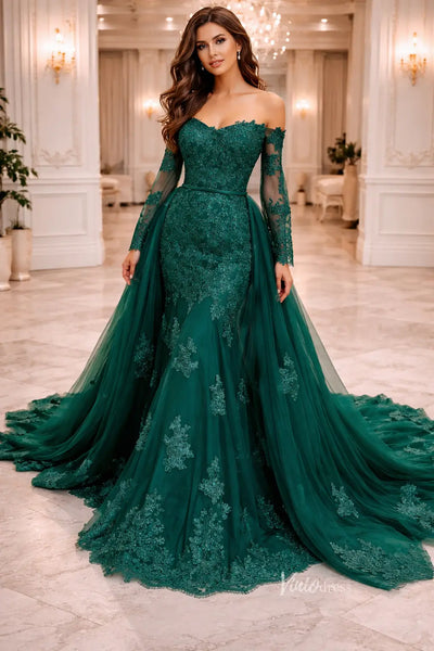 Emerald Green Lace Mermaid Wedding Dress with Detachable Overskirt – Viniodress