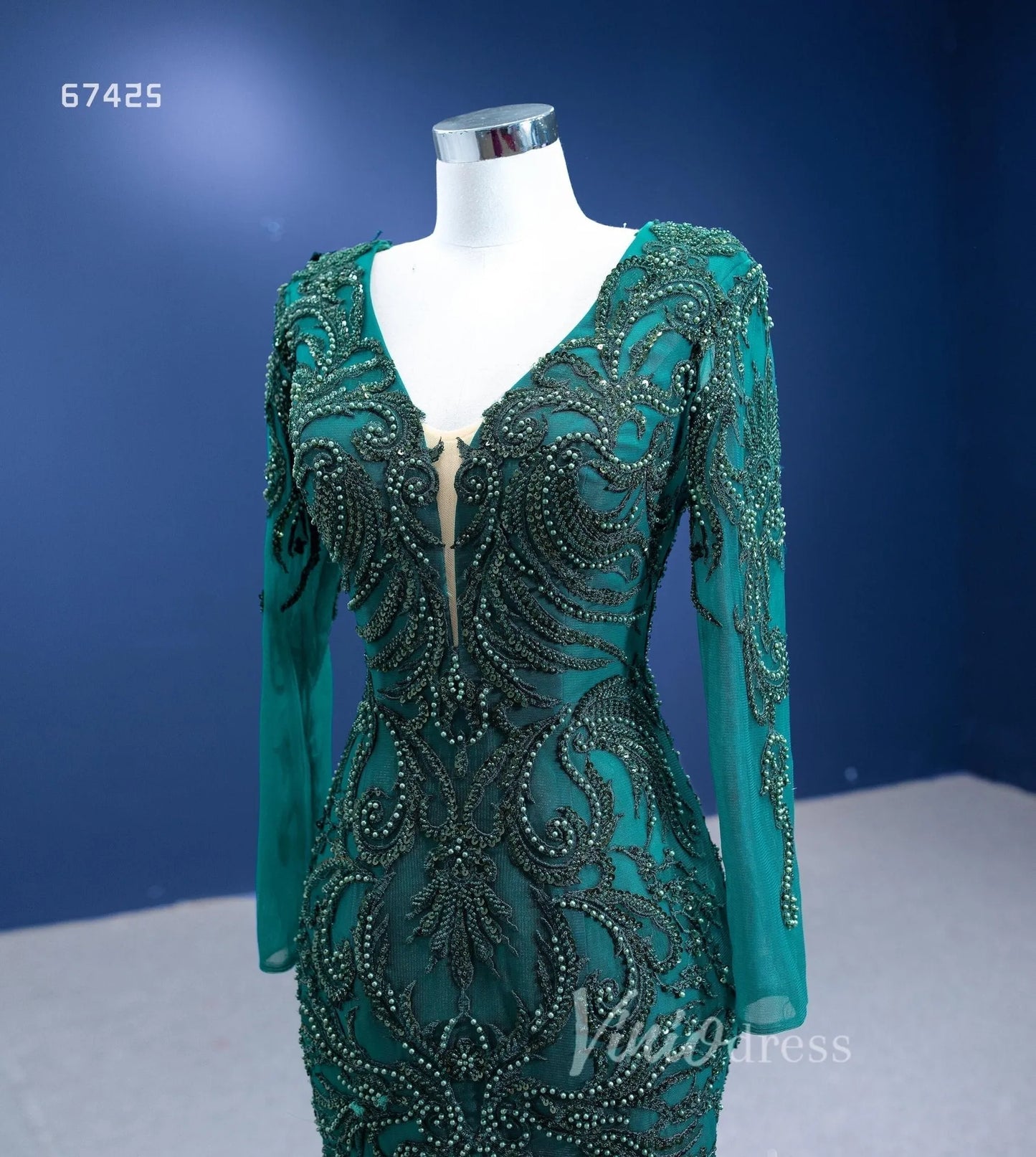 Emerald Green Long Sleeve Mermaid Prom Dress Beaded Tiered Pageant Gown 67425 VINIODRESS-Evening Dresses 2025 -Viniodress-Emerald Green-Custom Size-