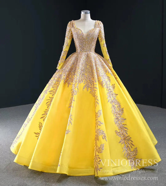 Emerald Green Long Sleeve Muslim Wedding Dress Gold Lace Quinceanera Dresses FD2402 viniodress-Quinceanera Dresses 2025 -Viniodress-Yellow-Custom Size-