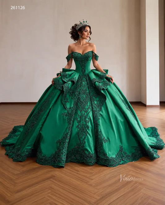 Emerald green quinceañera dress with off-shoulder corset bodice, beaded lace, layered ruffles, and a full satin skirt.