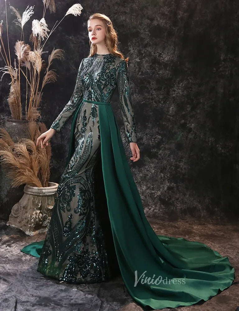Emerald Green Sequin Prom Dress Detachable Overskirt FD2706 – Viniodress